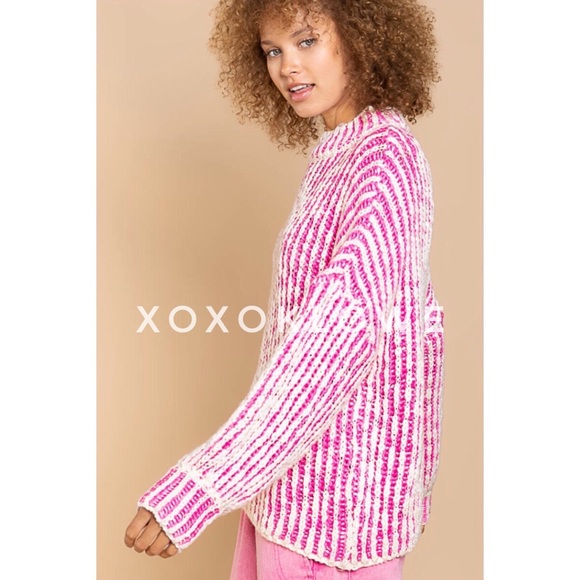 POL Hot Pink + White Striped Turtleneck Sweater Relaxed Fit - Picture 4 of 13
